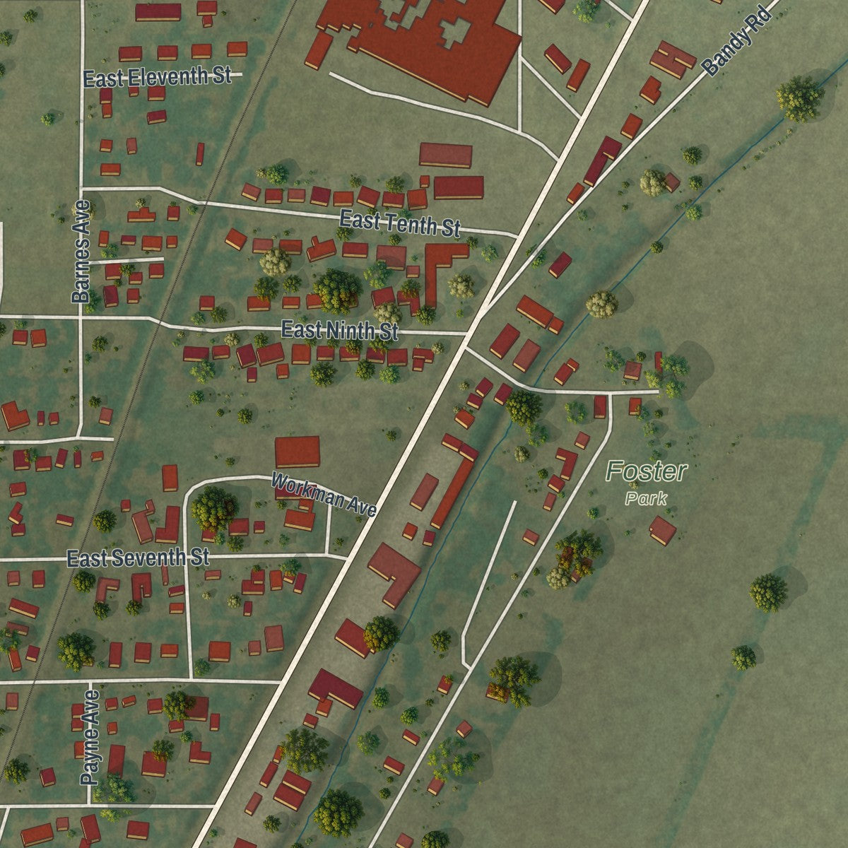 Second close-up of the map of Portageville, Missouri print showing more streets and buildings