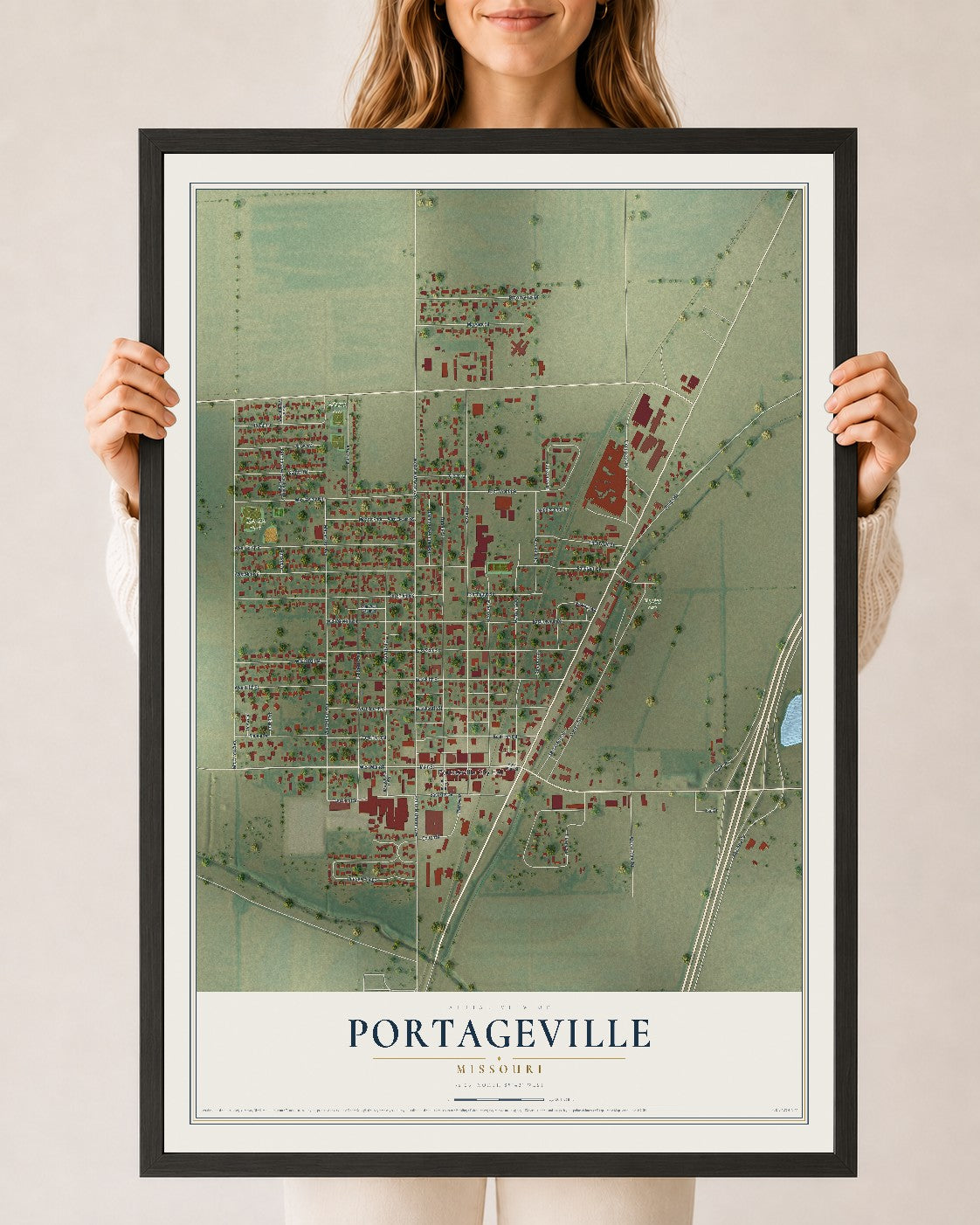 Map of Portageville, Missouri, 24 x 36 inch print in a black wood frame