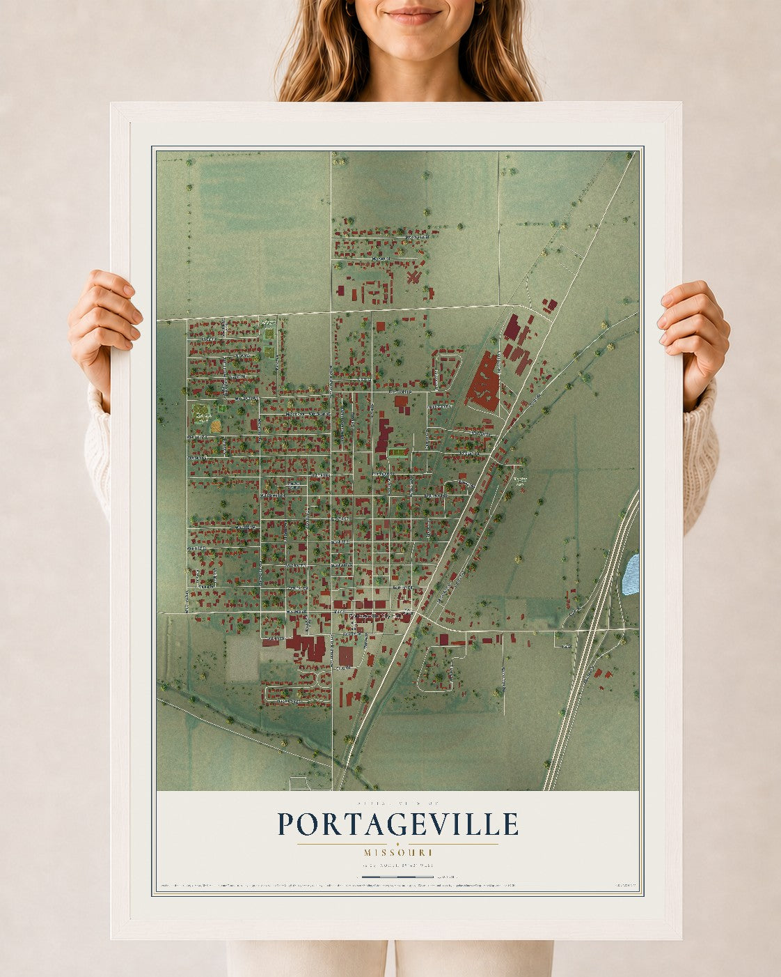 Map of Portageville, Missouri, 24 x 36 inch print in a white wood frame