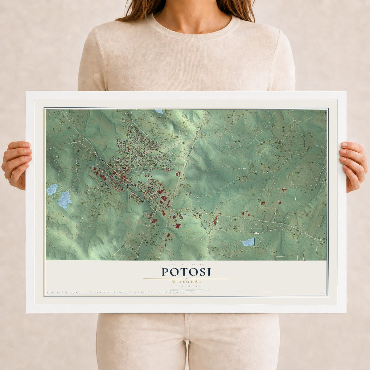 Map of Potosi, Missouri, 12 x 18 inch print in a white wood frame