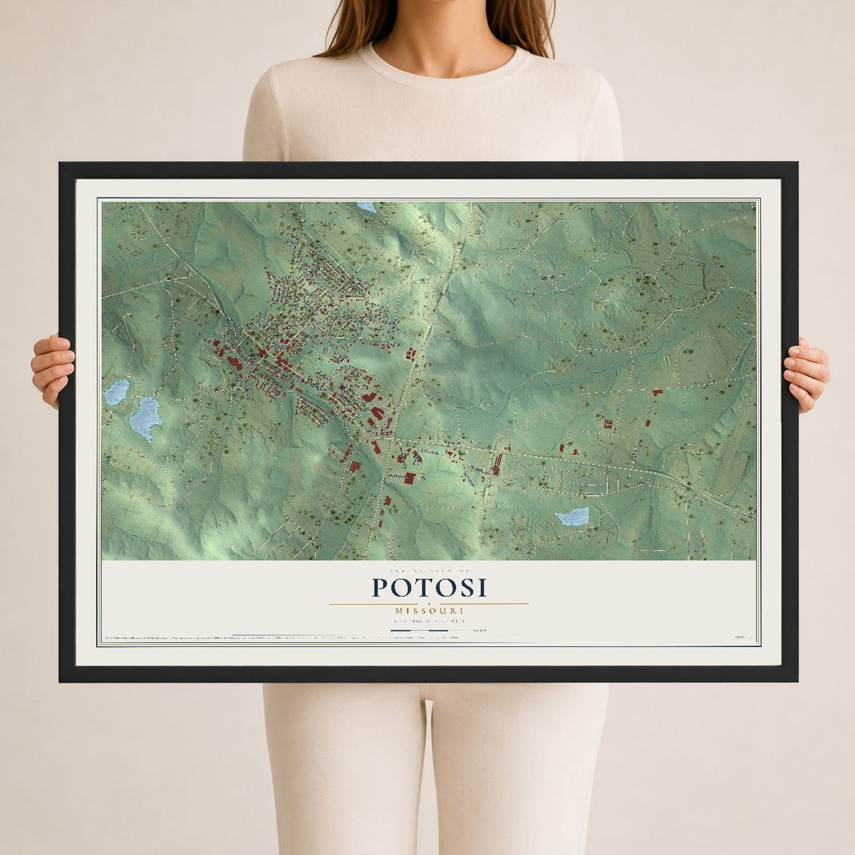 Map of Potosi, Missouri, 24 x 36 inch print in a black wood frame