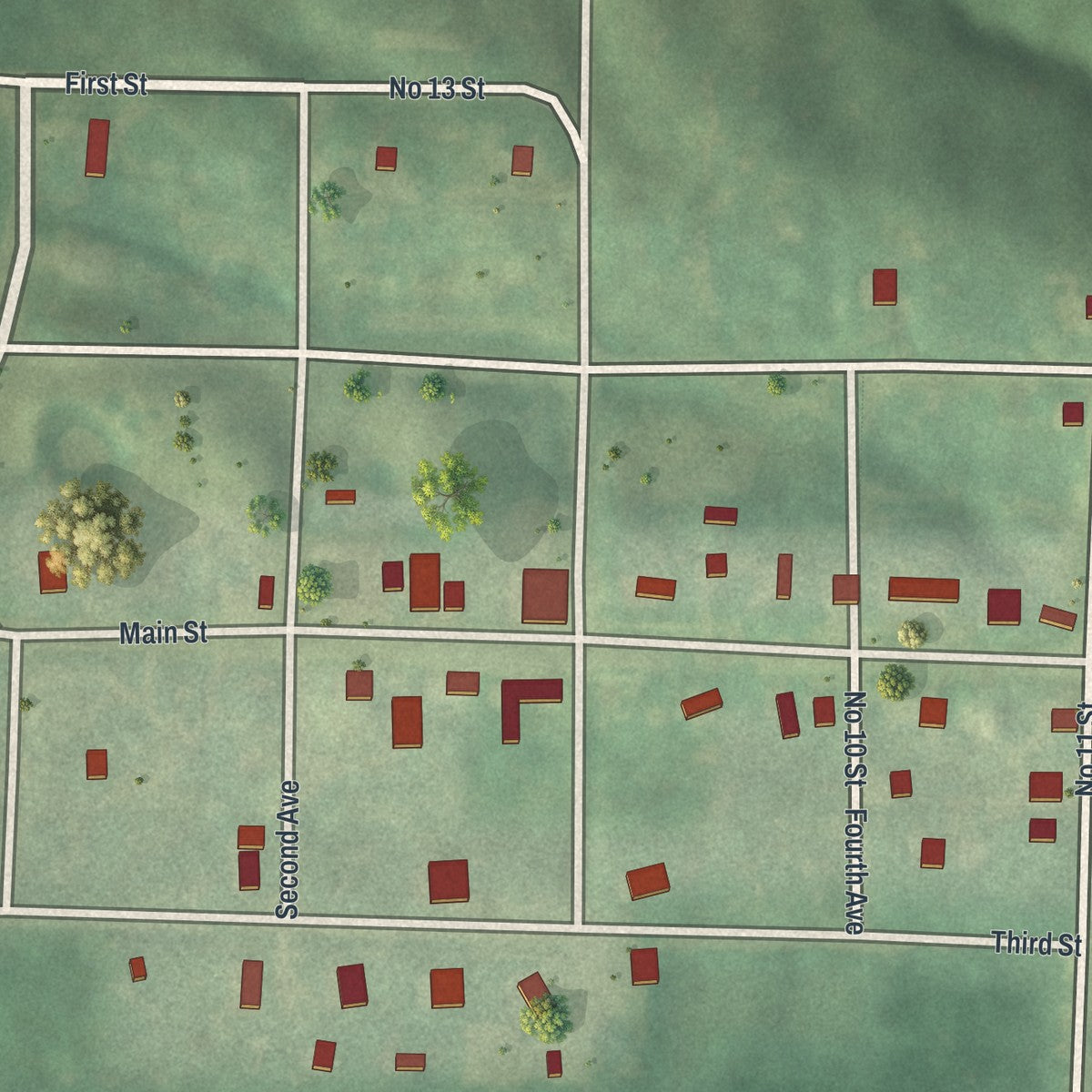 Close-up of the map of Powersville, Missouri print showing street and building detail