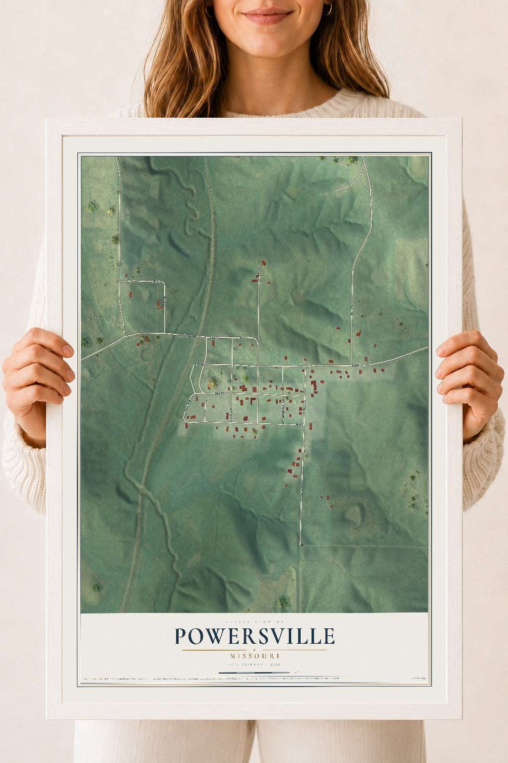 Map of Powersville, Missouri, 18 x 24 inch print in a white wood frame