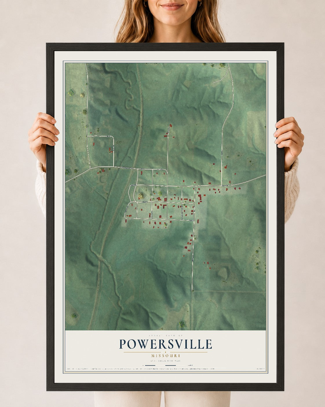 Map of Powersville, Missouri, 24 x 36 inch print in a black wood frame