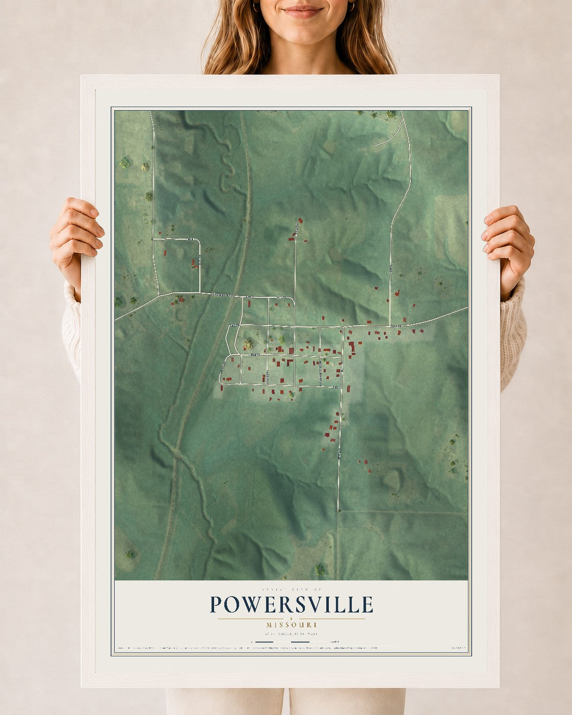 Map of Powersville, Missouri, 24 x 36 inch print in a white wood frame