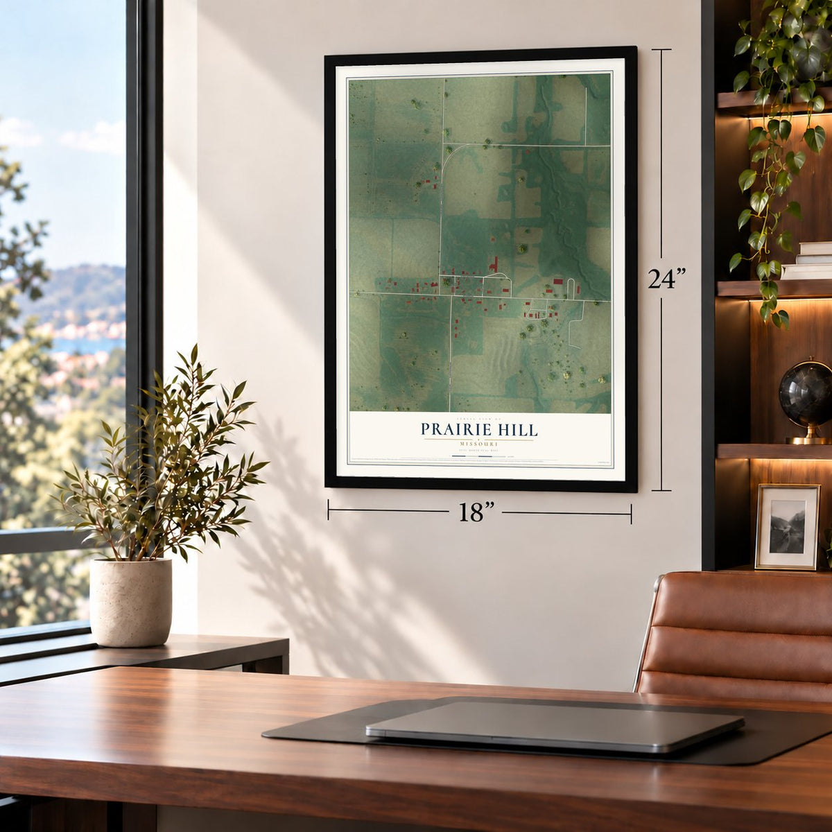 Prairie Hill, Missouri map, 18 x 24 inch print in a black frame in a home office