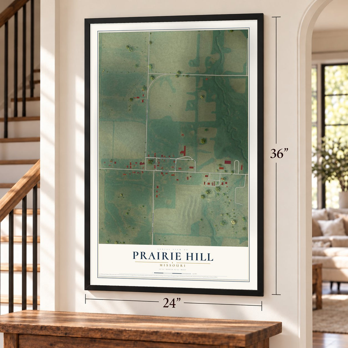 Prairie Hill, Missouri map, 24 x 36 inch print in a black frame by a staircase