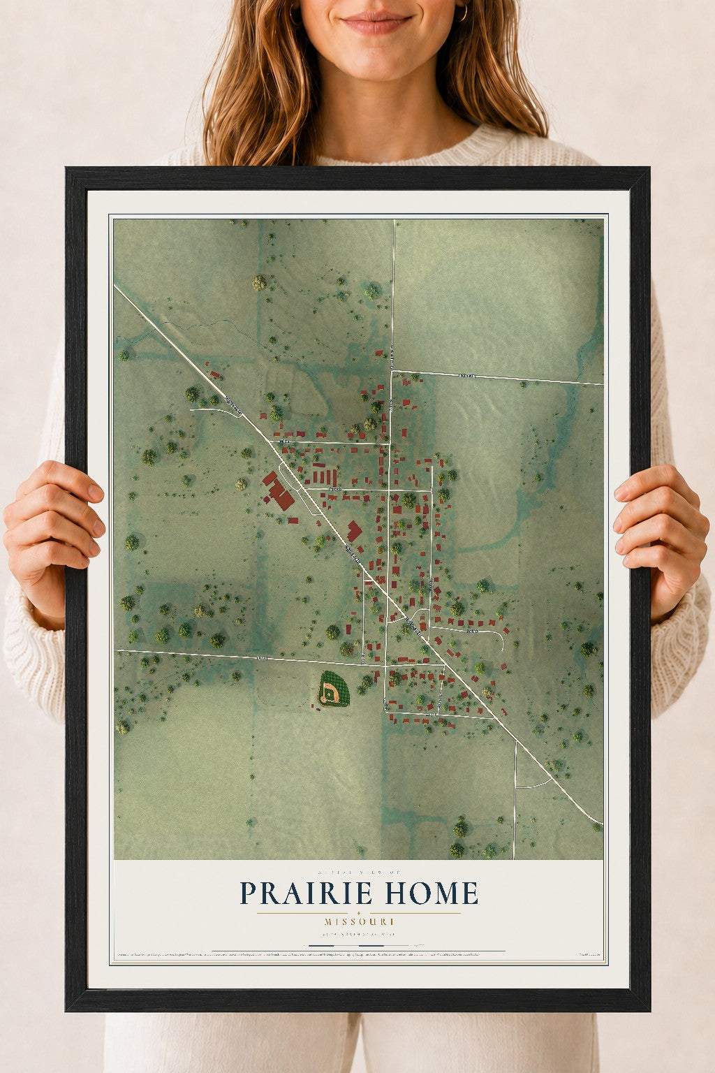 Map of Prairie Home, Missouri, 18 x 24 inch print in a black wood frame