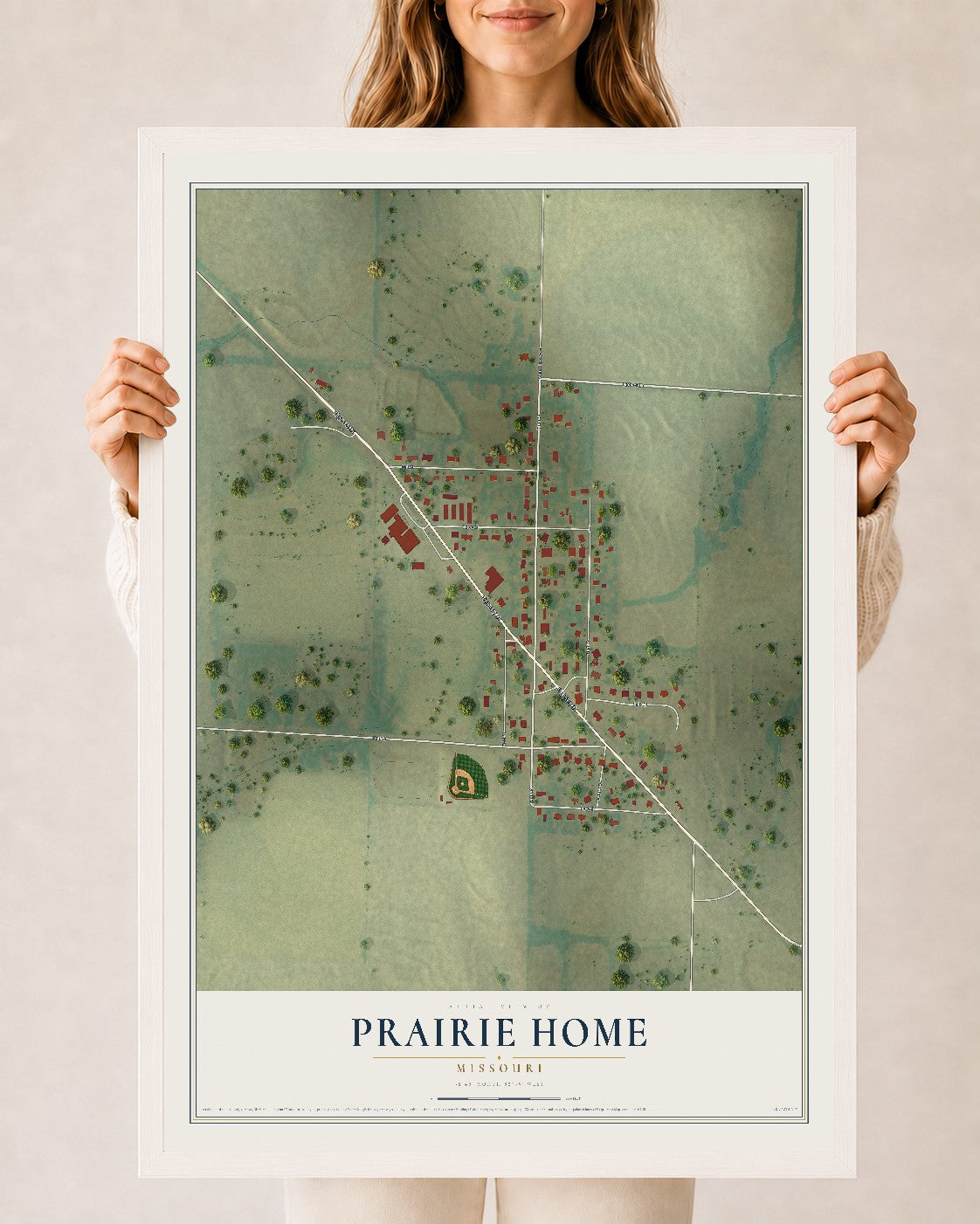 Map of Prairie Home, Missouri, 24 x 36 inch print in a white wood frame