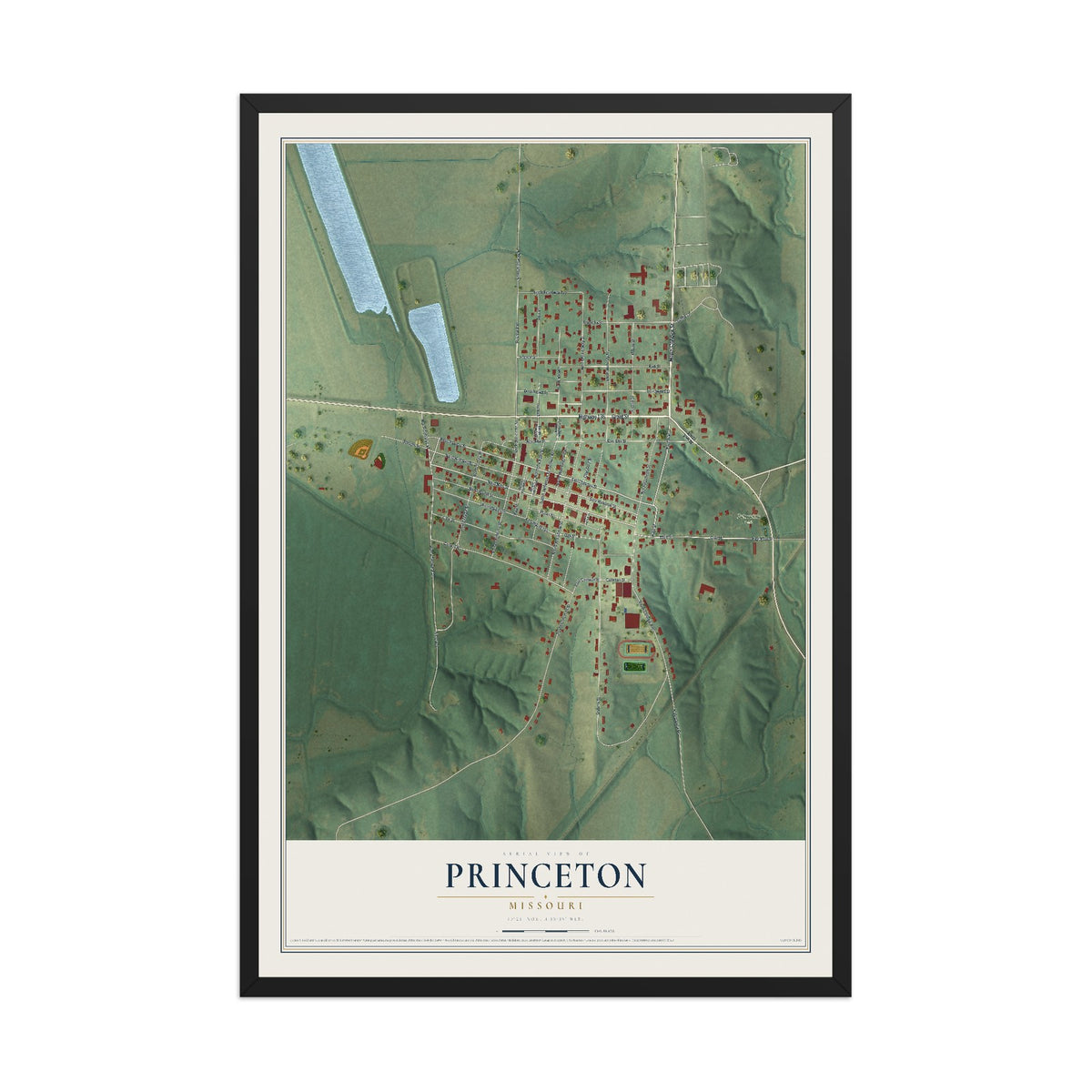 Map of Princeton, Missouri, 12 x 18 inch print in a black wood frame