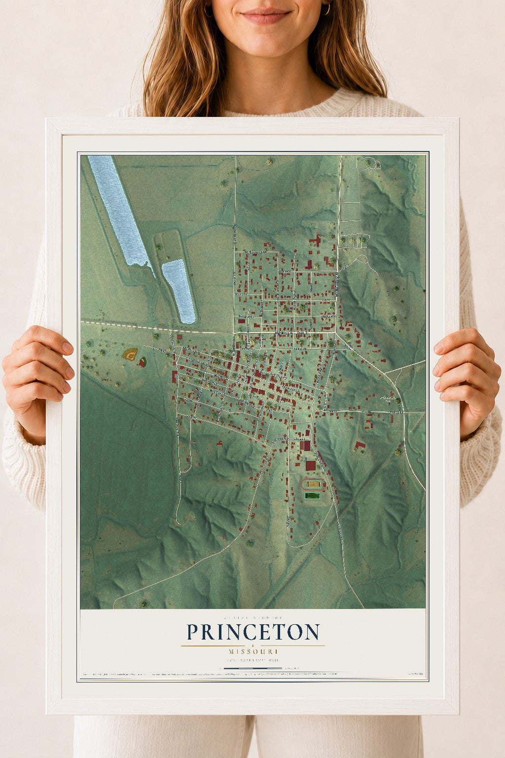 Map of Princeton, Missouri, 18 x 24 inch print in a white wood frame