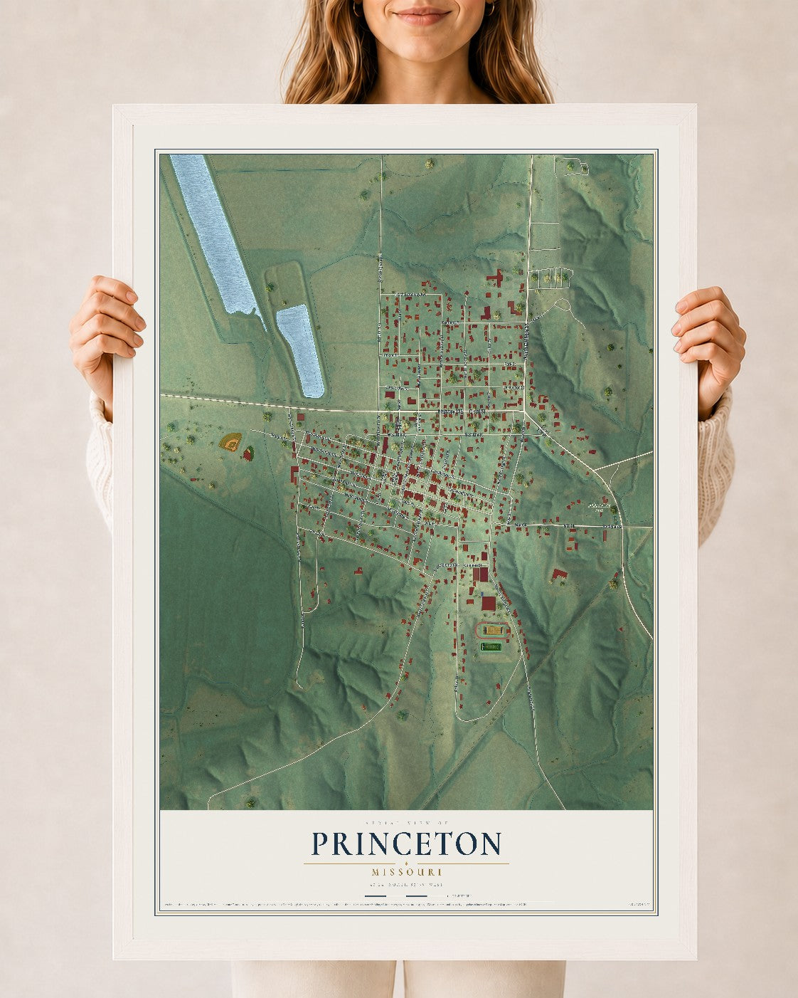Map of Princeton, Missouri, 24 x 36 inch print in a white wood frame
