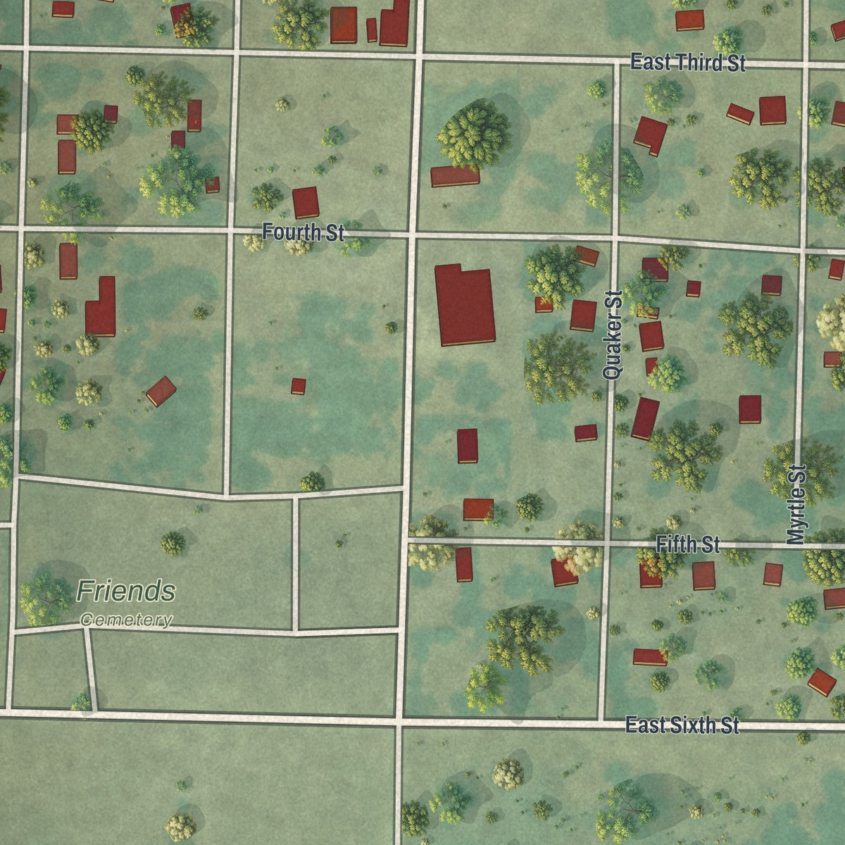 Close-up of the map of Purcell, Missouri print showing street and building detail