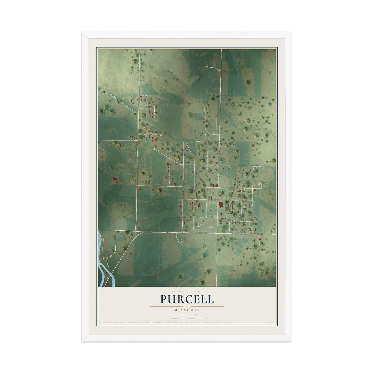 Map of Purcell, Missouri, 12 x 18 inch print in a white wood frame