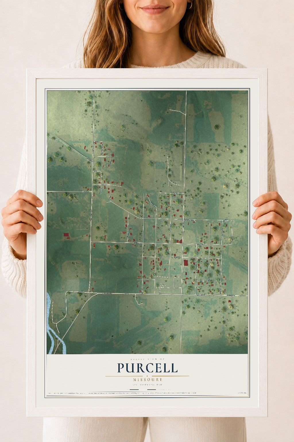 Map of Purcell, Missouri, 18 x 24 inch print in a white wood frame