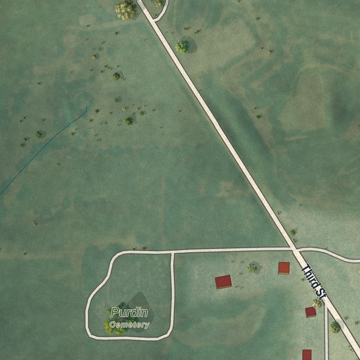 Second close-up of the map of Purdin, Missouri print showing more streets and buildings