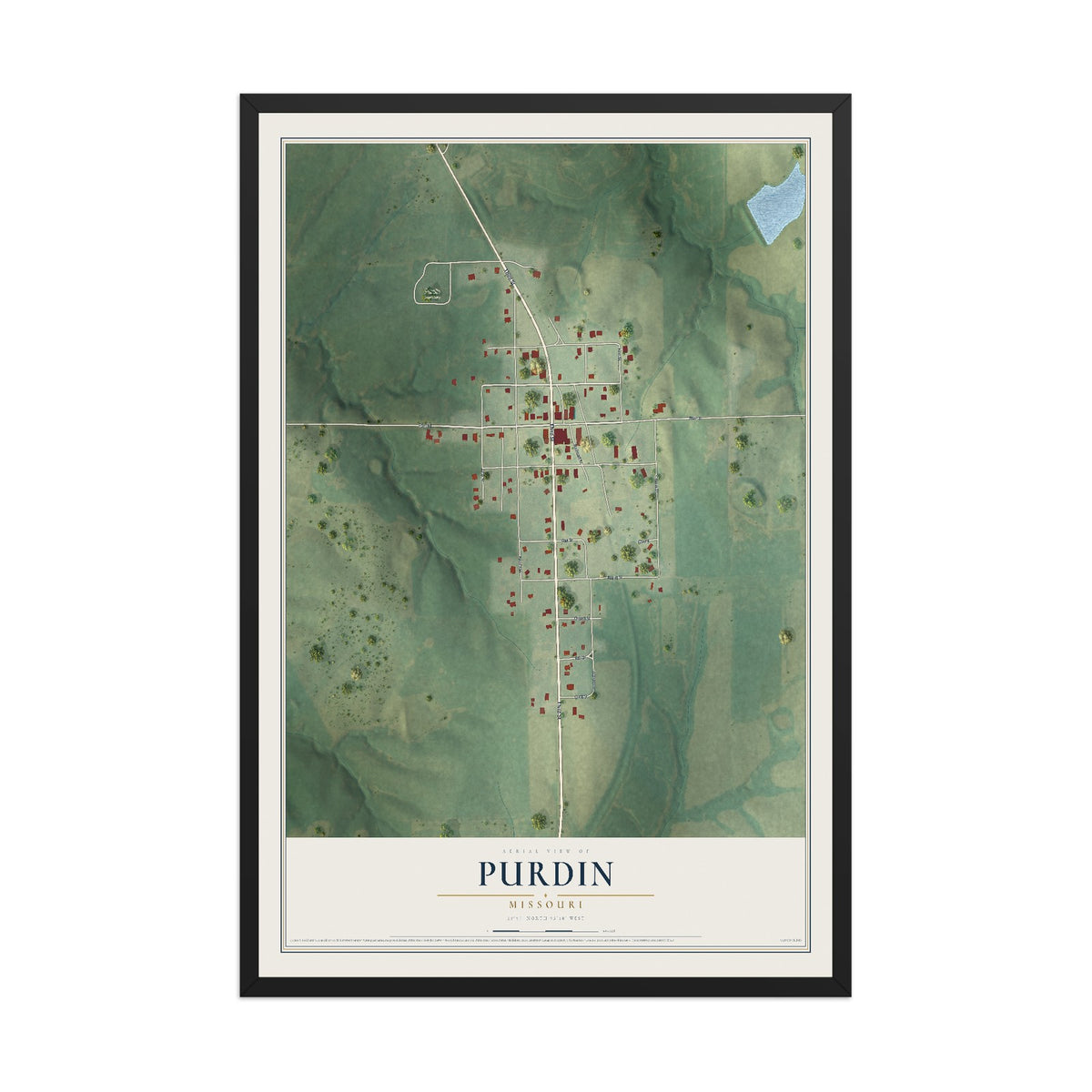 Map of Purdin, Missouri, 12 x 18 inch print in a black wood frame