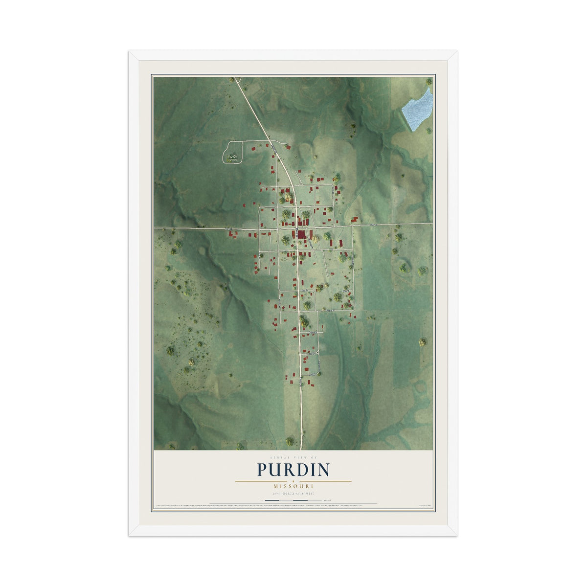 Map of Purdin, Missouri, 12 x 18 inch print in a white wood frame