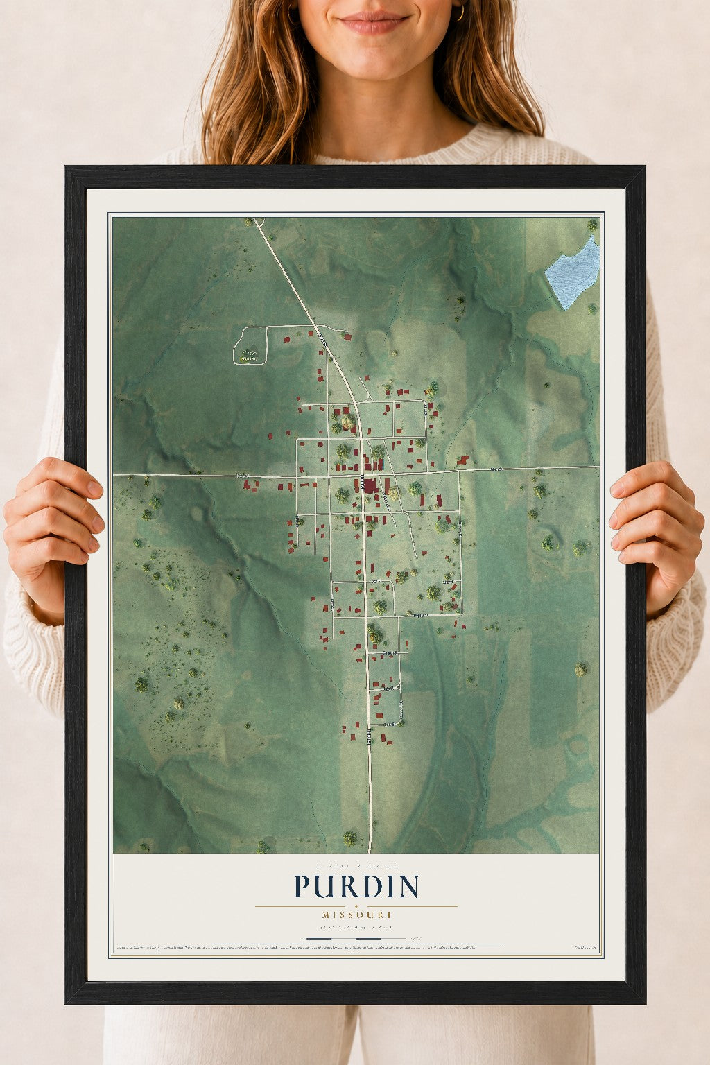 Map of Purdin, Missouri, 18 x 24 inch print in a black wood frame