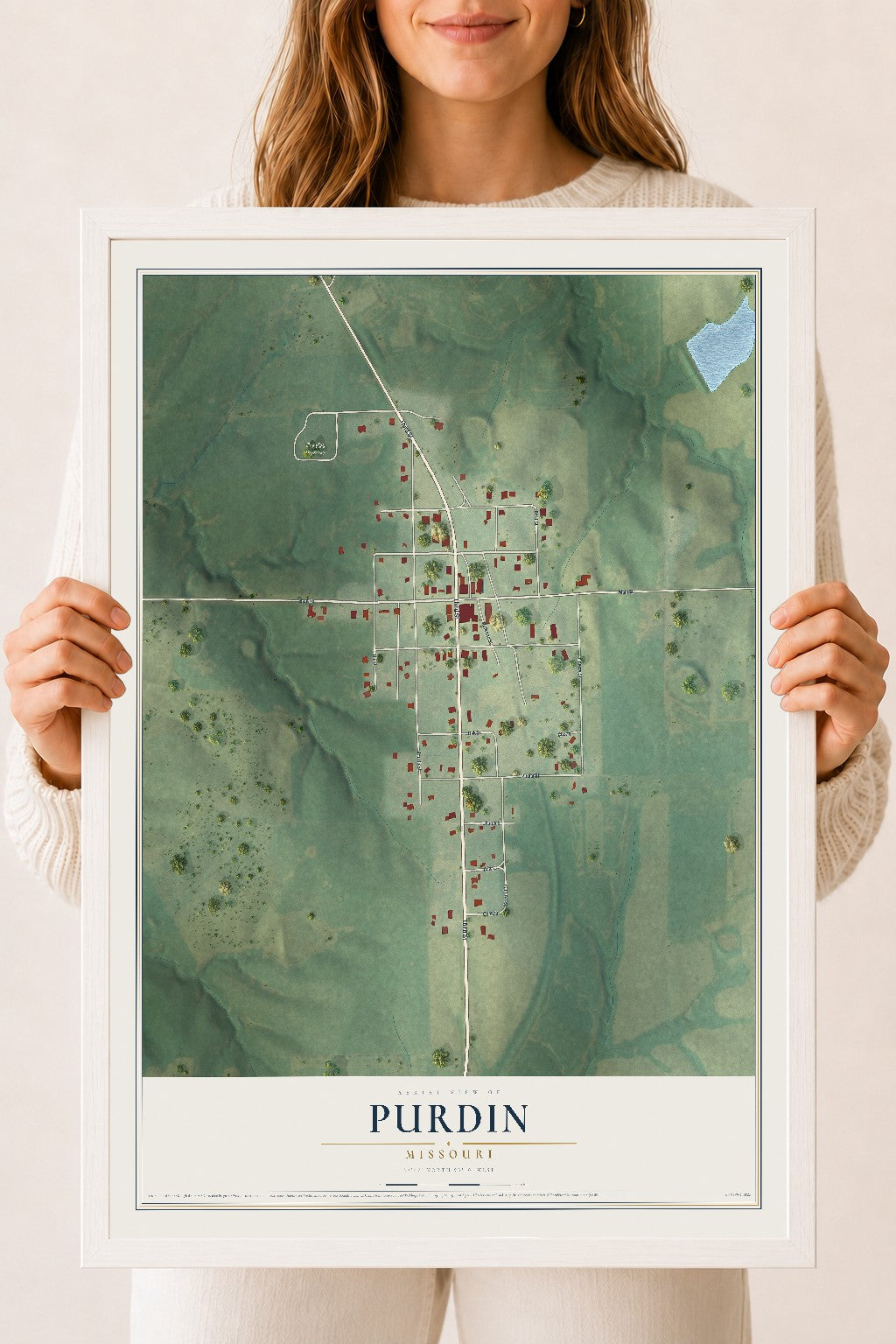 Map of Purdin, Missouri, 18 x 24 inch print in a white wood frame