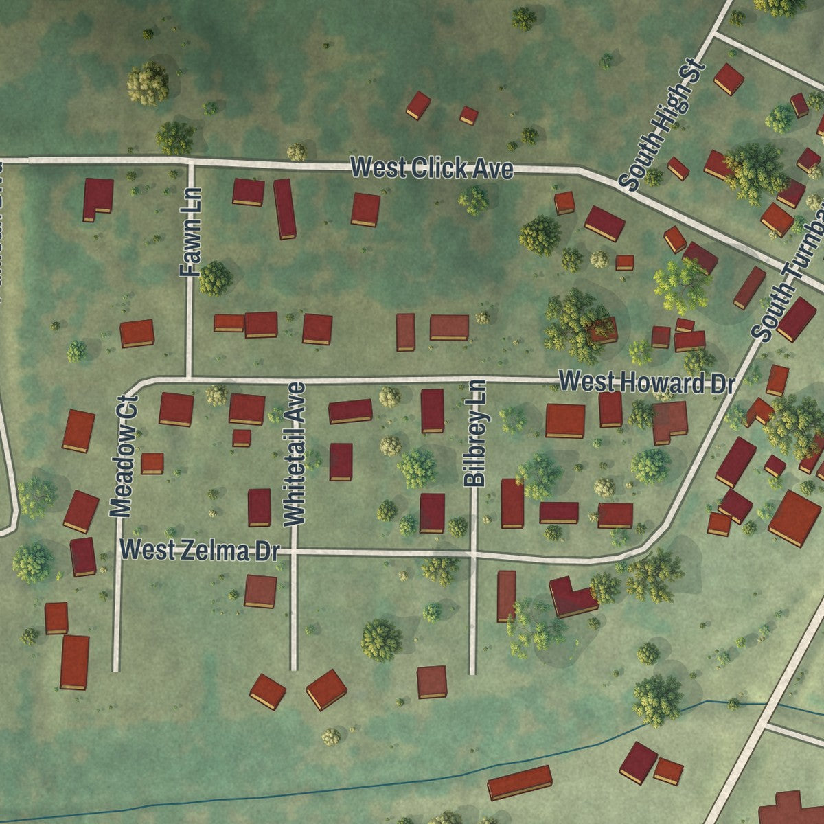 Second close-up of the map of Puxico, Missouri print showing more streets and buildings