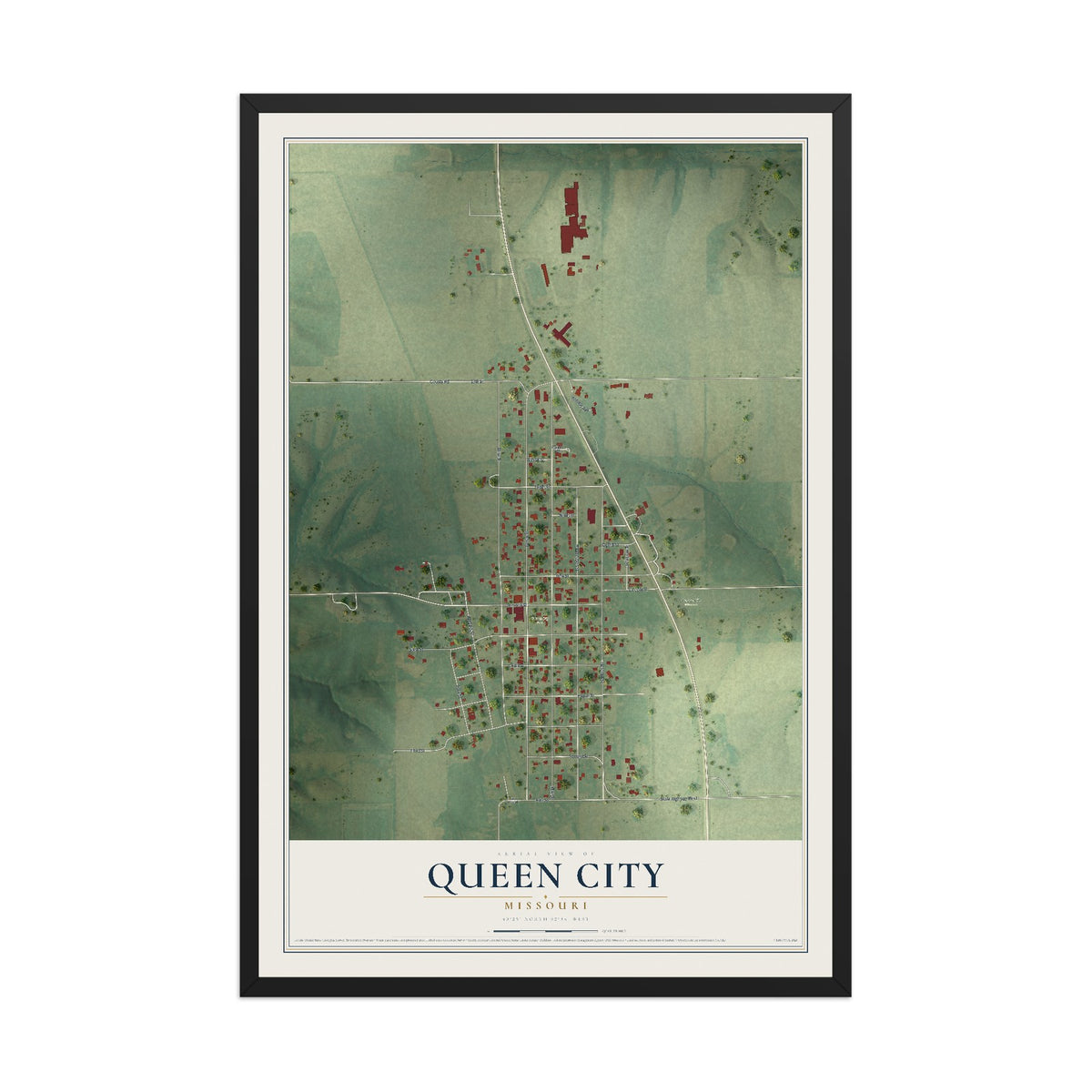 Map of Queen City, Missouri, 12 x 18 inch print in a black wood frame