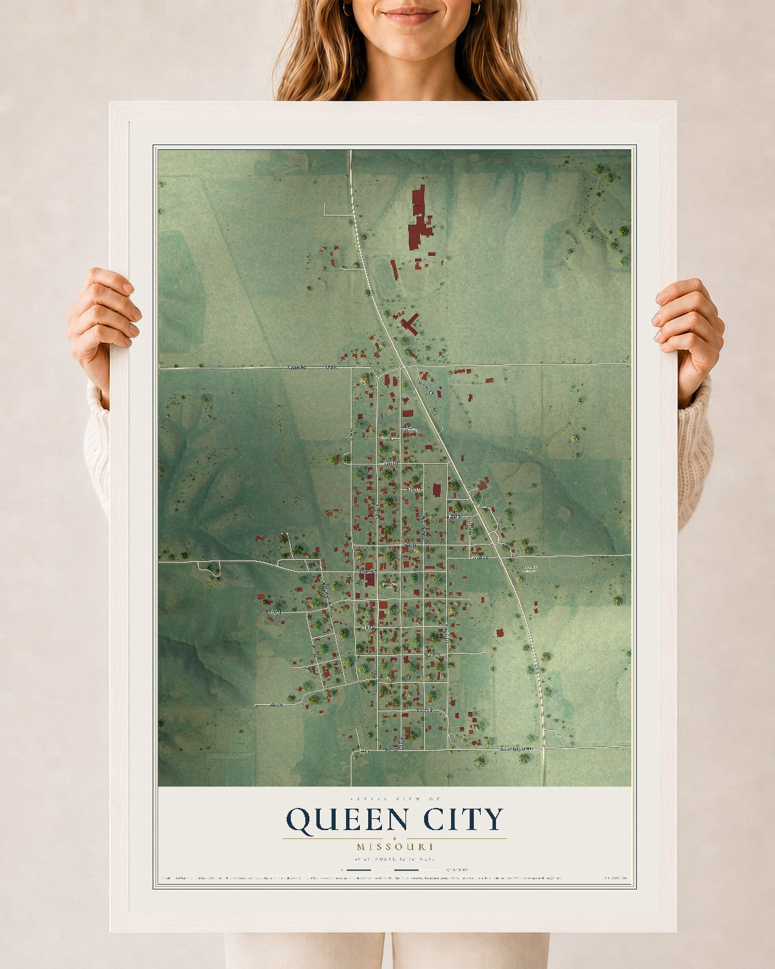 Map of Queen City, Missouri, 24 x 36 inch print in a white wood frame
