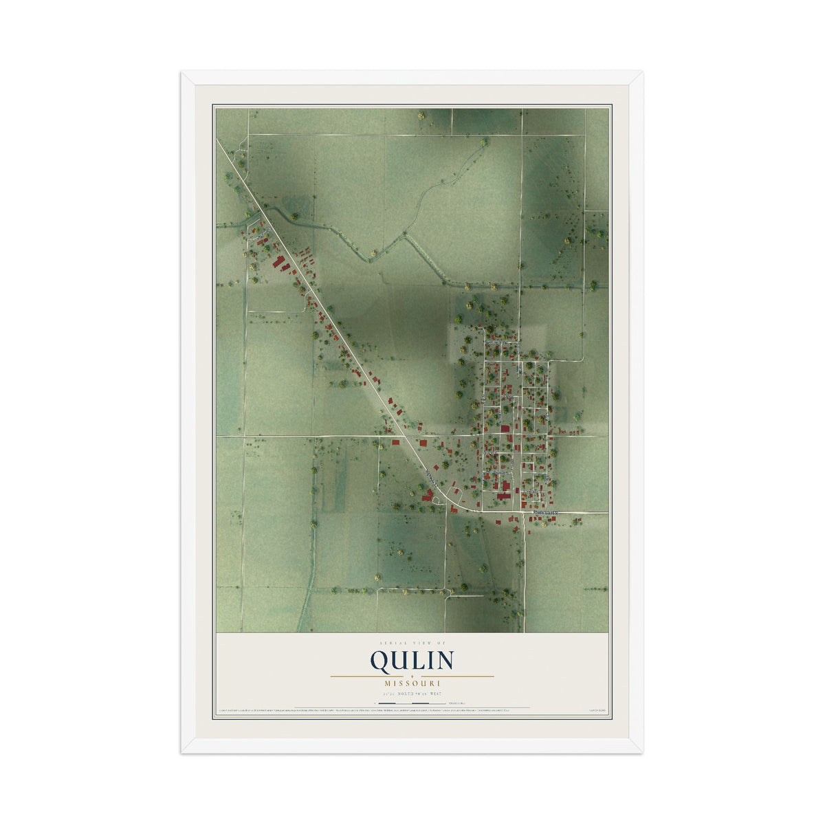 Map of Qulin, Missouri, 12 x 18 inch print in a white wood frame