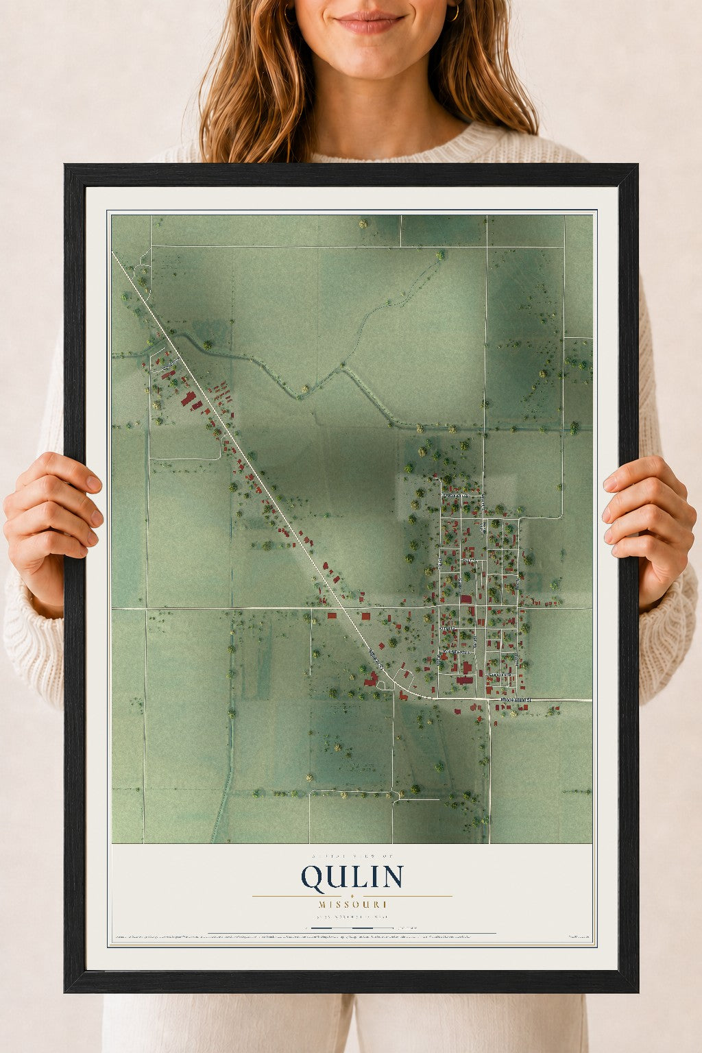 Map of Qulin, Missouri, 18 x 24 inch print in a black wood frame