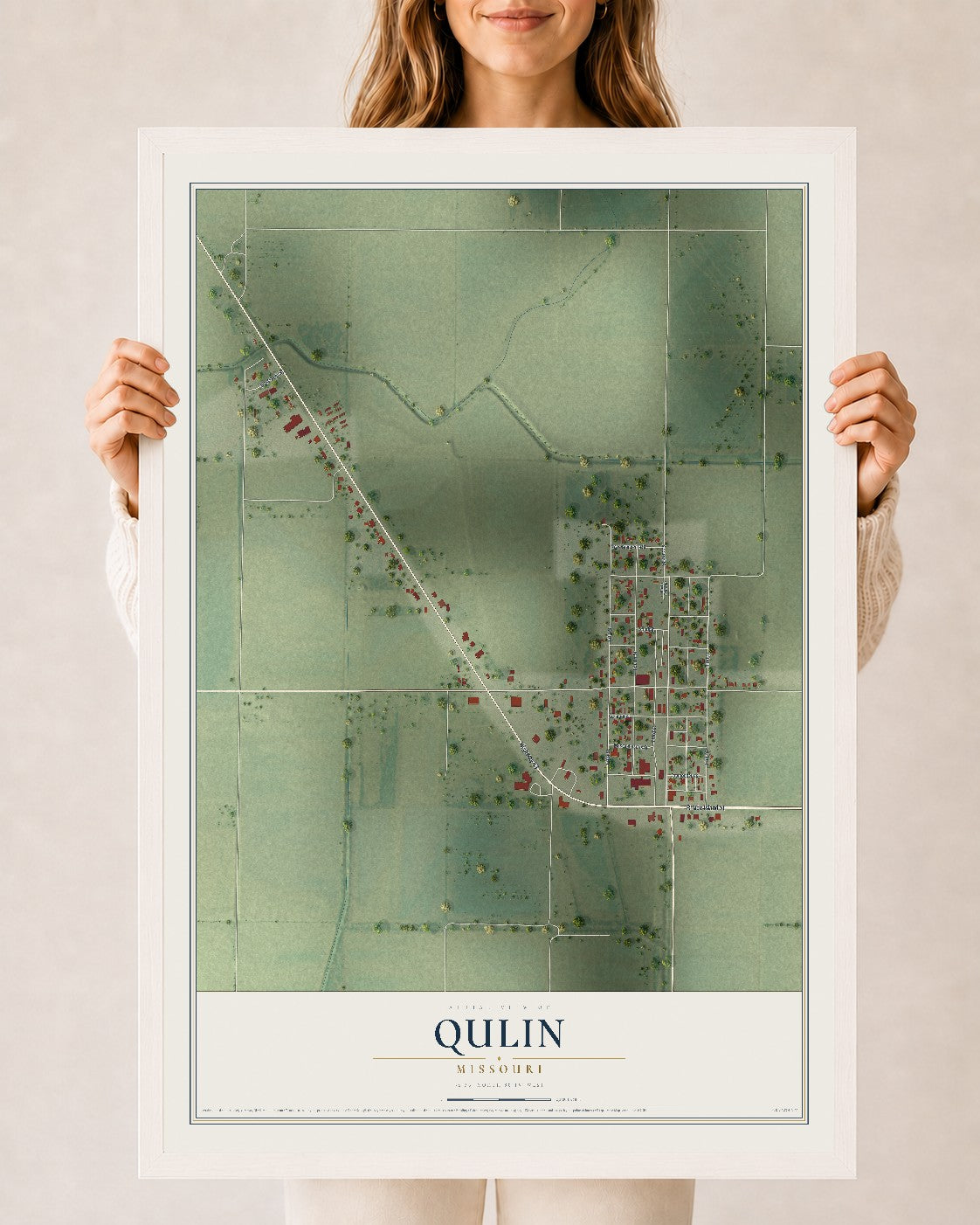 Map of Qulin, Missouri, 24 x 36 inch print in a white wood frame