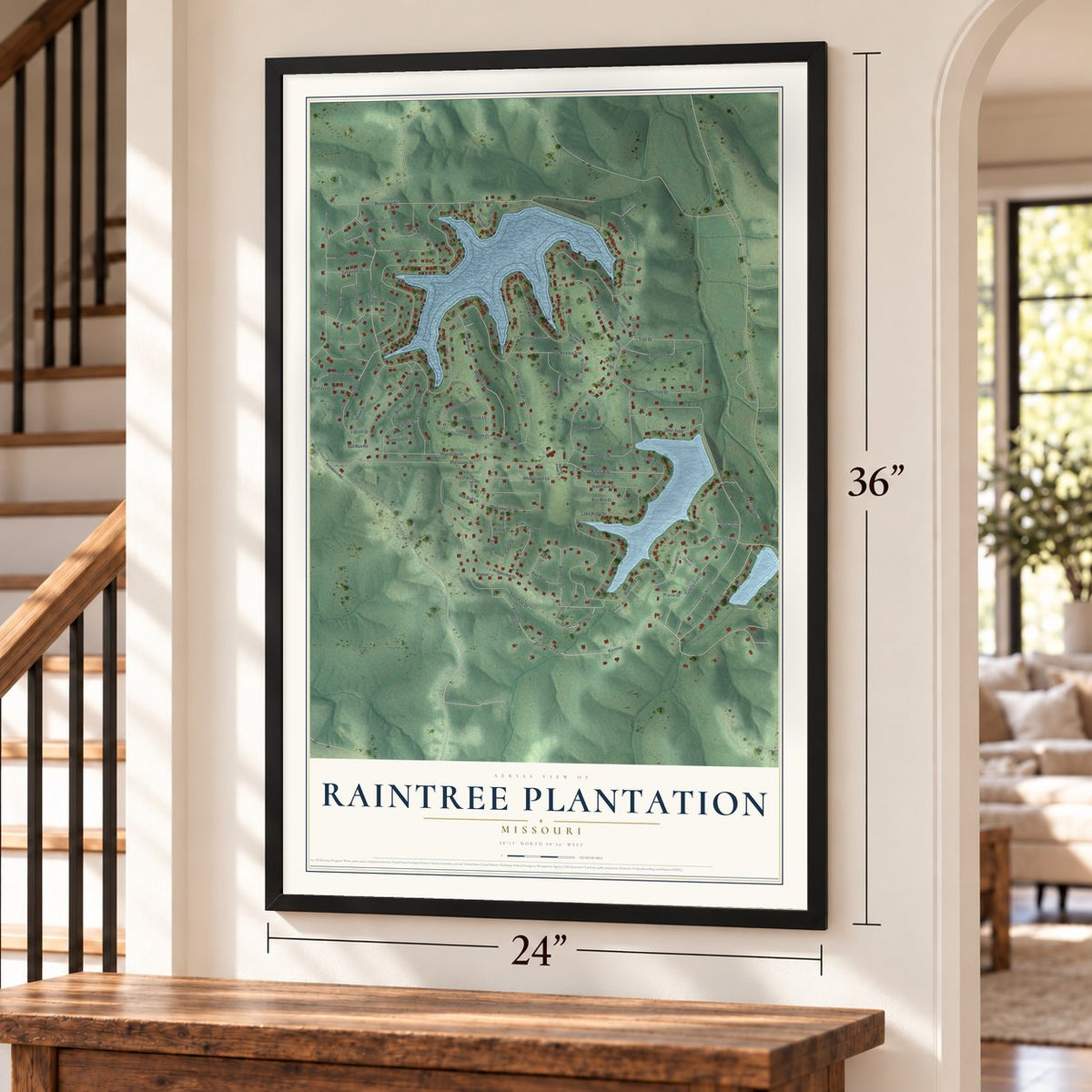 Raintree Plantation, Missouri map, 24 x 36 inch print in a black frame by a staircase