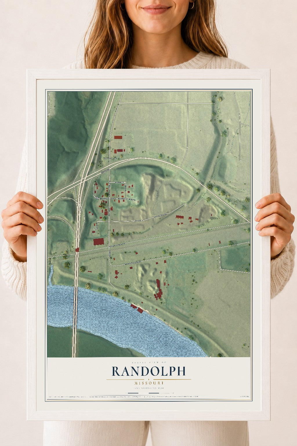 Map of Randolph, Missouri, 18 x 24 inch print in a white wood frame
