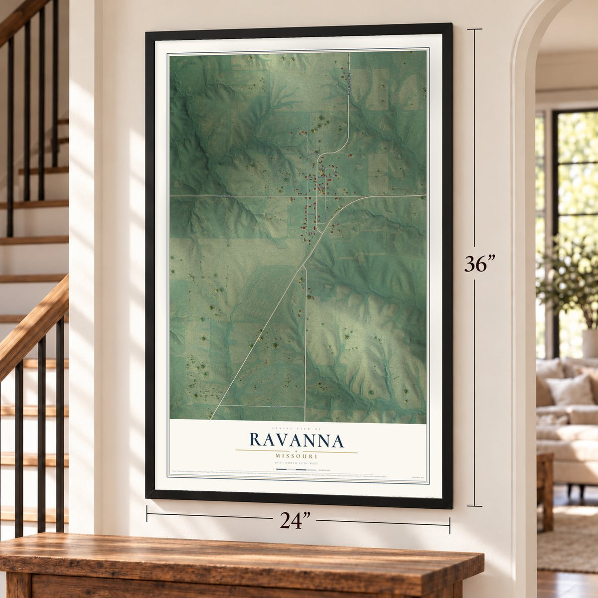 Ravanna, Missouri map, 24 x 36 inch print in a black frame by a staircase