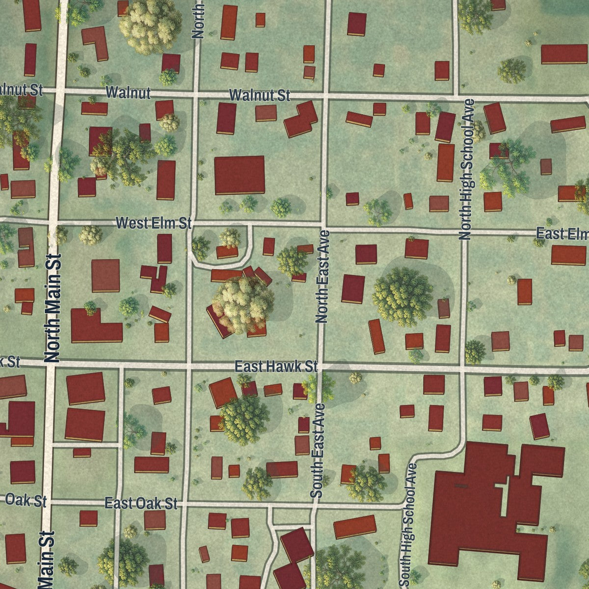 Close-up of the map of Ravenwood, Missouri print showing street and building detail