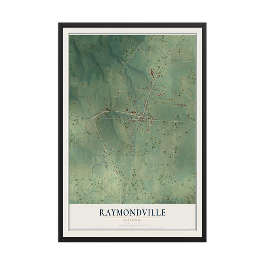Map of Raymondville, Missouri, 12 x 18 inch print in a black wood frame