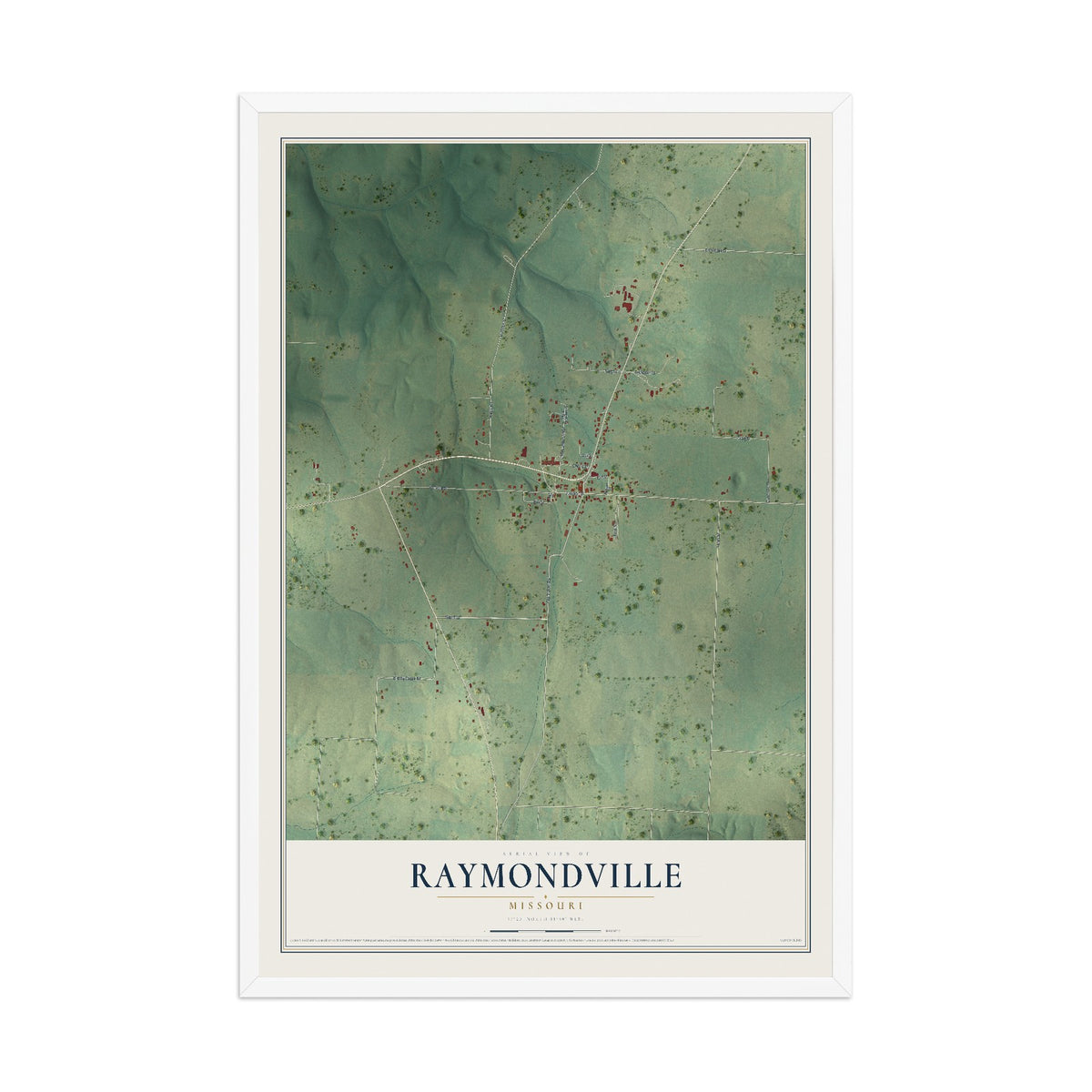 Map of Raymondville, Missouri, 12 x 18 inch print in a white wood frame