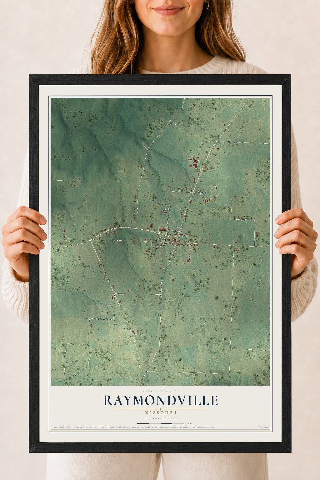 Map of Raymondville, Missouri, 18 x 24 inch print in a black wood frame