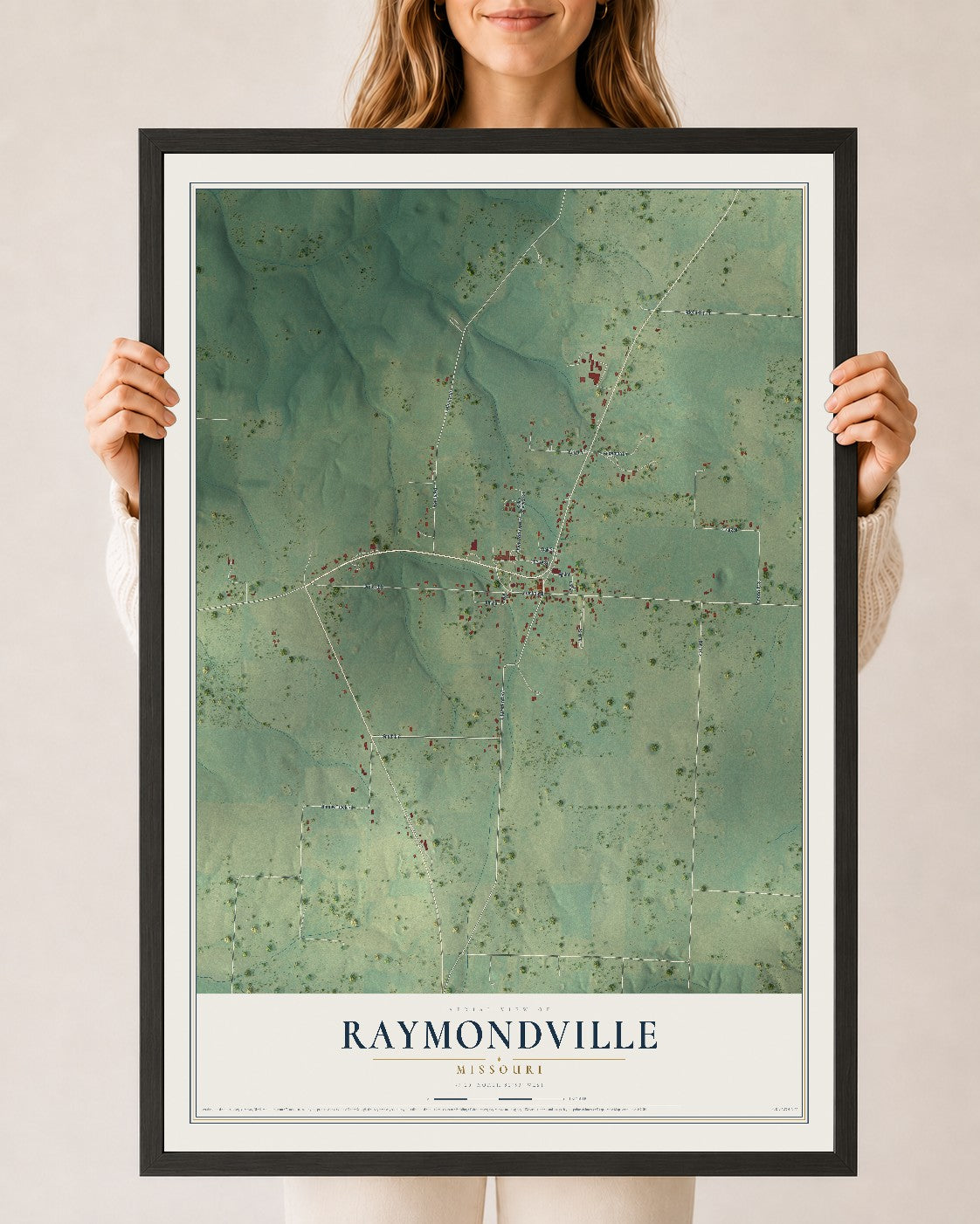 Map of Raymondville, Missouri, 24 x 36 inch print in a black wood frame