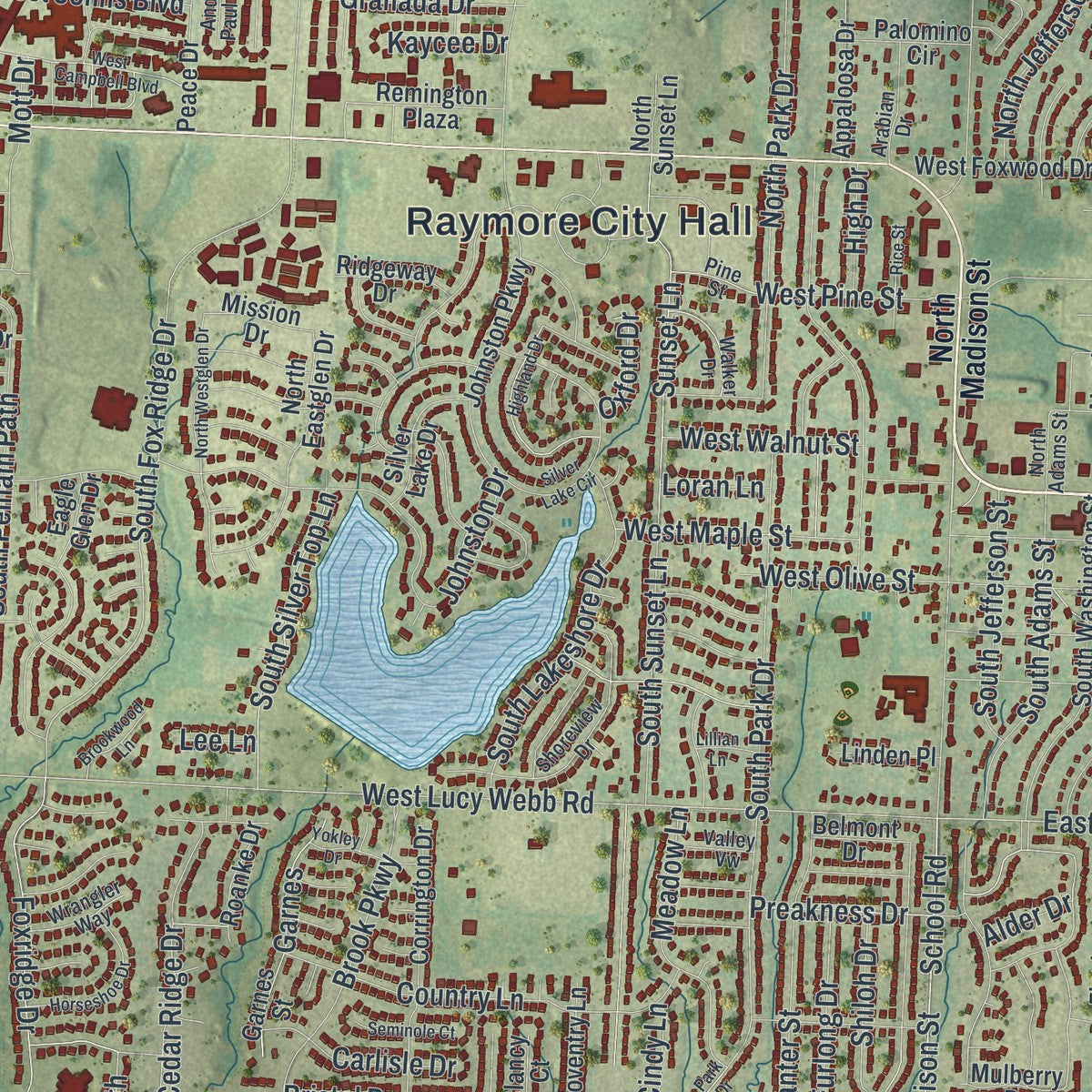 Close-up of the map of Raymore, Missouri print showing street and building detail