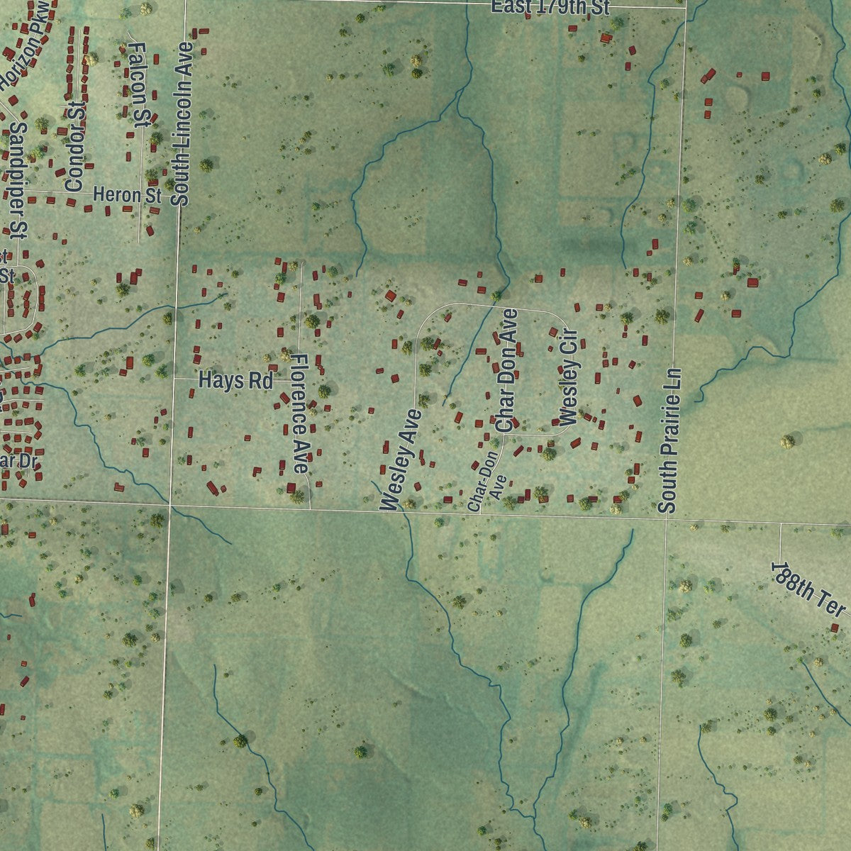 Second close-up of the map of Raymore, Missouri print showing more streets and buildings