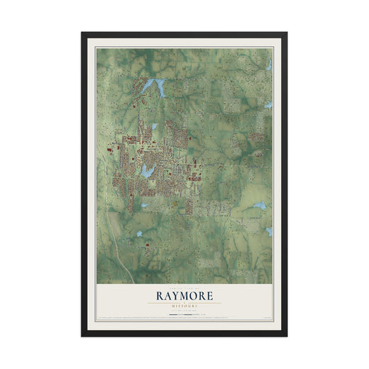 Map of Raymore, Missouri, 12 x 18 inch print in a black wood frame