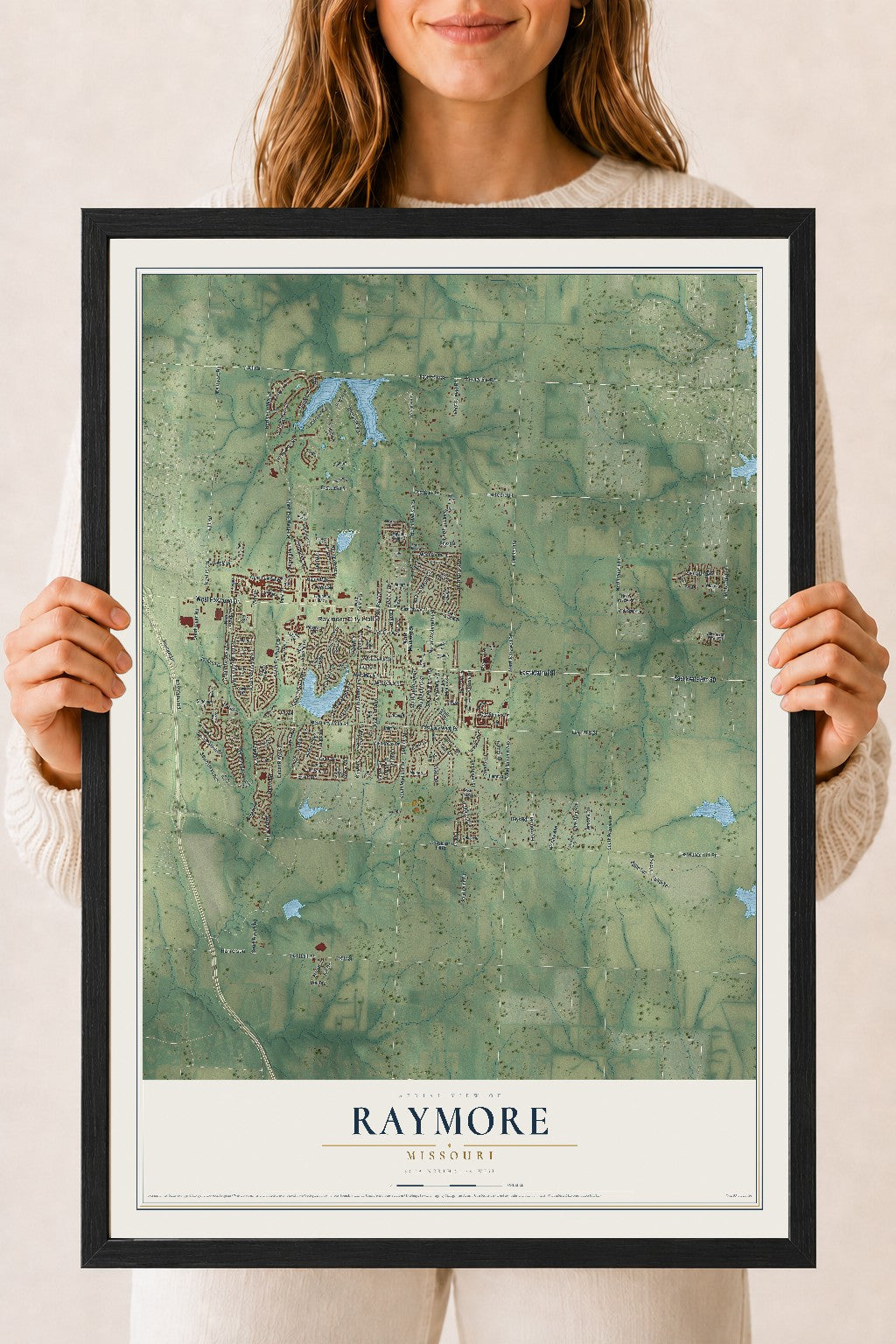 Map of Raymore, Missouri, 18 x 24 inch print in a black wood frame