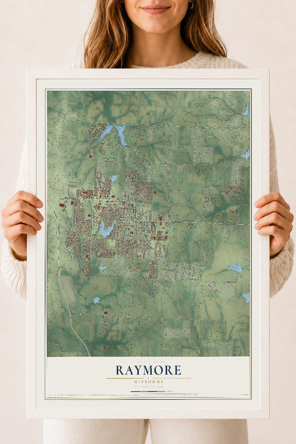 Map of Raymore, Missouri, 18 x 24 inch print in a white wood frame