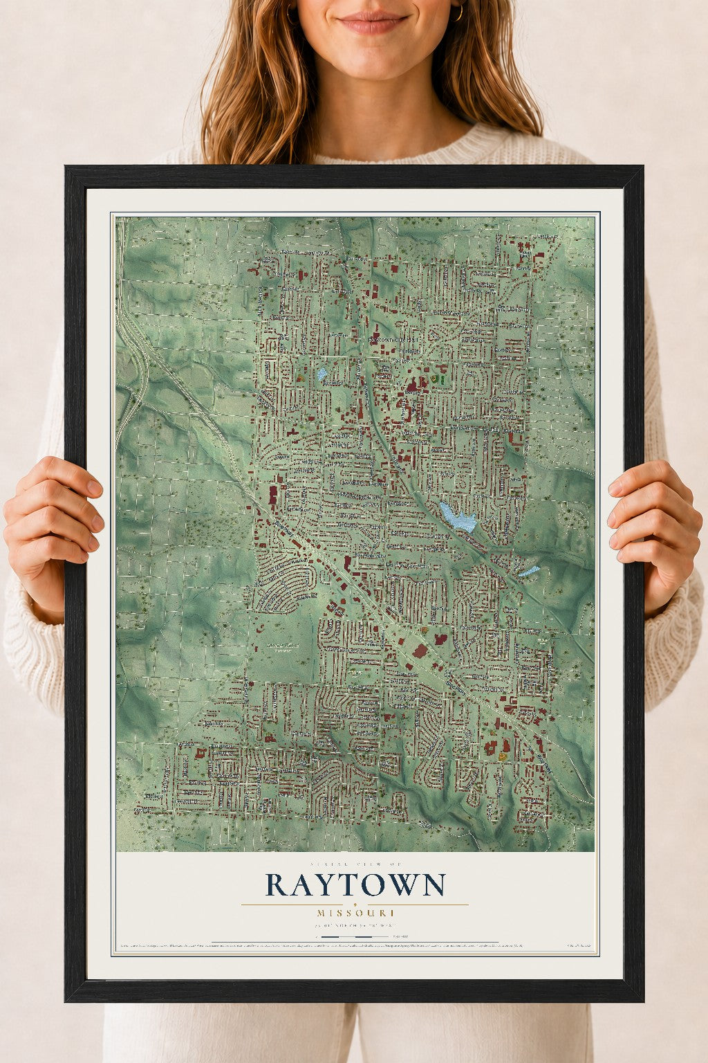 Map of Raytown, Missouri, 18 x 24 inch print in a black wood frame