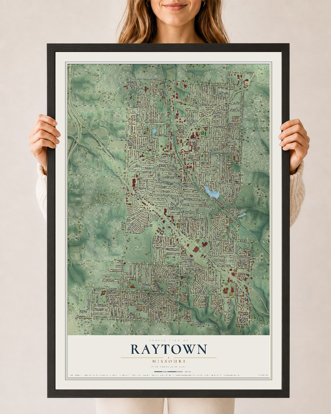 Map of Raytown, Missouri, 24 x 36 inch print in a black wood frame