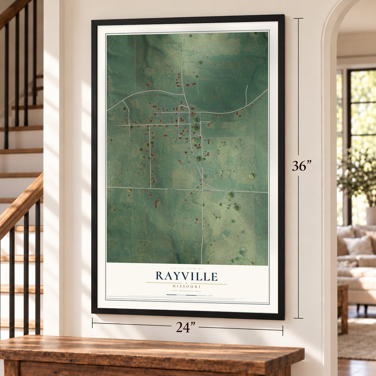 Rayville, Missouri map, 24 x 36 inch print in a black frame by a staircase