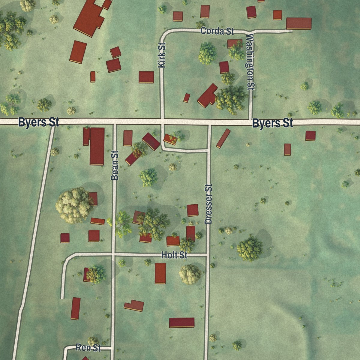 Close-up of the map of Rea, Missouri print showing street and building detail