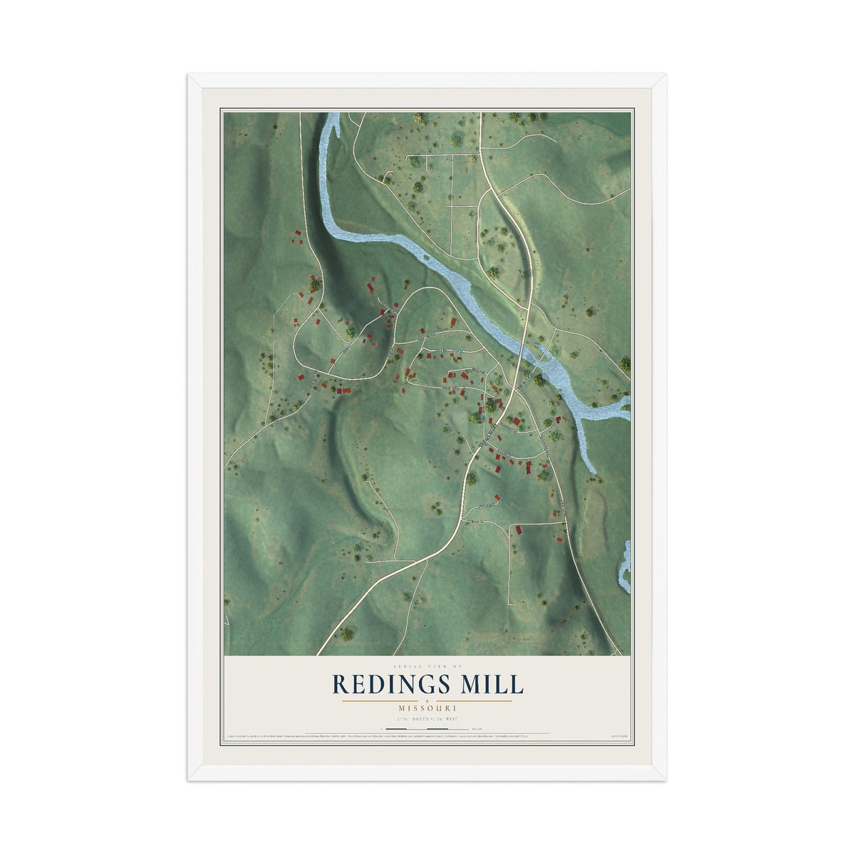 Map of Redings Mill, Missouri, 12 x 18 inch print in a white wood frame