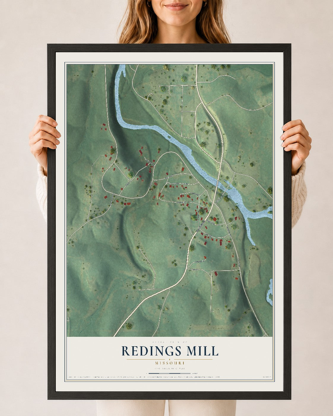 Map of Redings Mill, Missouri, 24 x 36 inch print in a black wood frame