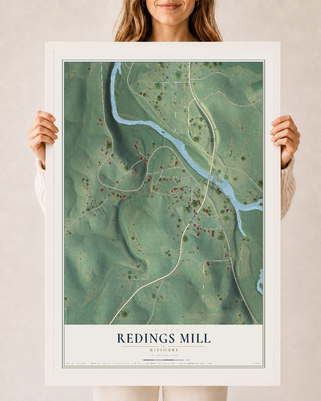 Map of Redings Mill, Missouri, 24 x 36 inch print in a white wood frame